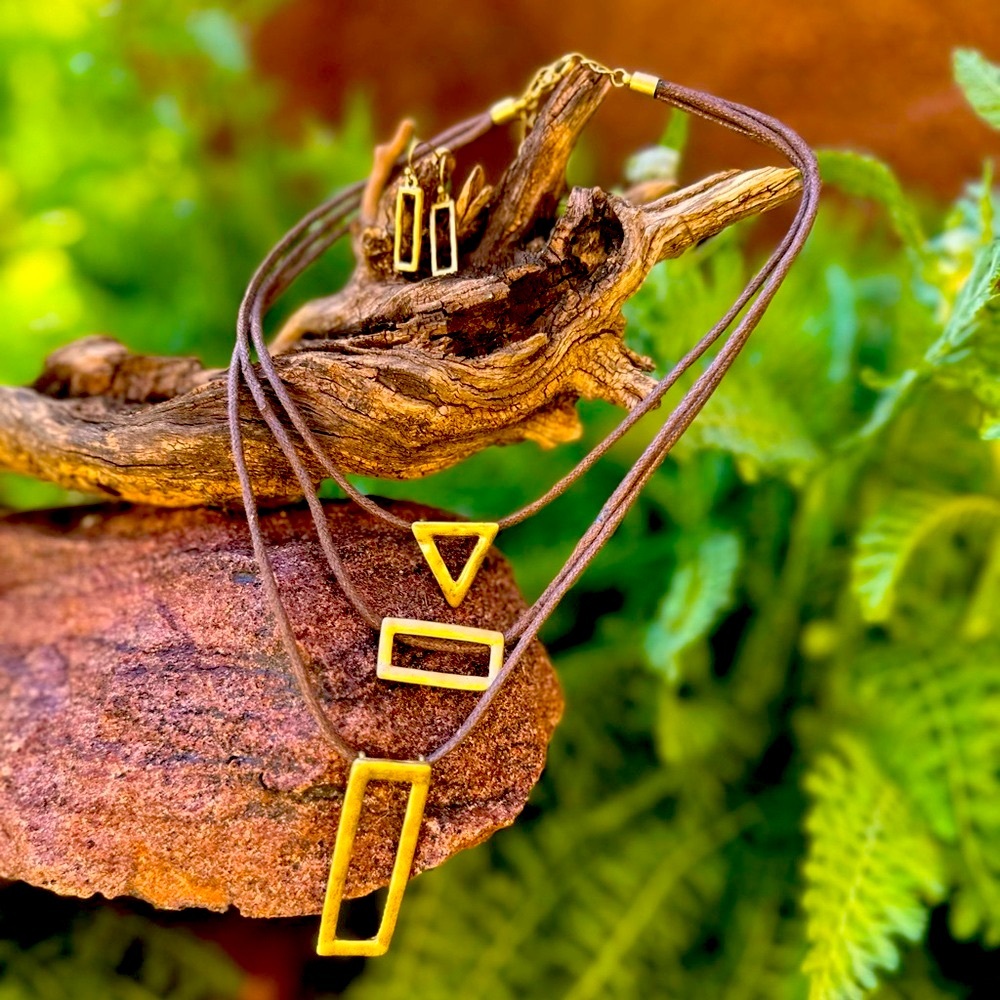 Geometric Necklace and Earring Set Goldtone 3-Tiered